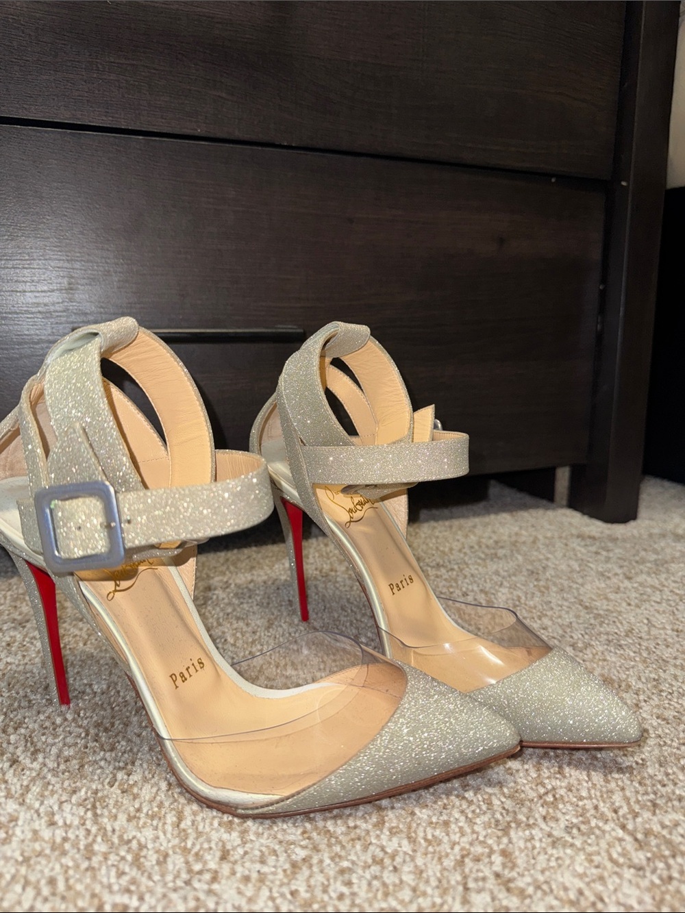 Louboutin High Heel Glitter Pointed-Toe Pumps with Ankle Strap - Champagne